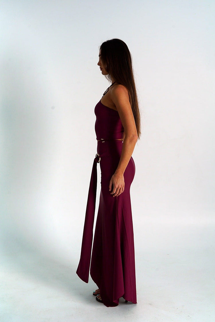 Waev Solstice Skirt in burgundy, side view showing ring tie sash