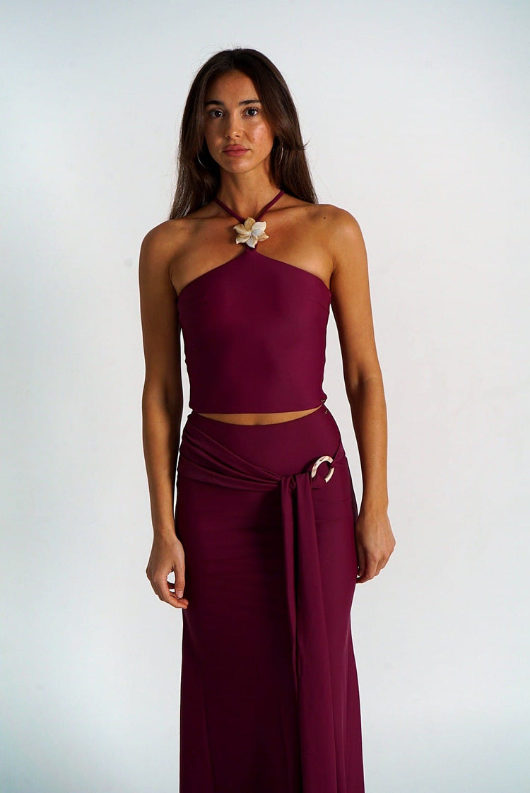 Waev Solstice Top in burgundy, halter neck with shell flower detail